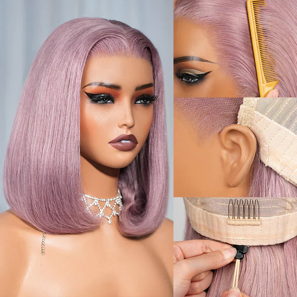 Pre-Everything Glueless Ash Purple Straight Bob with Invisible Knots