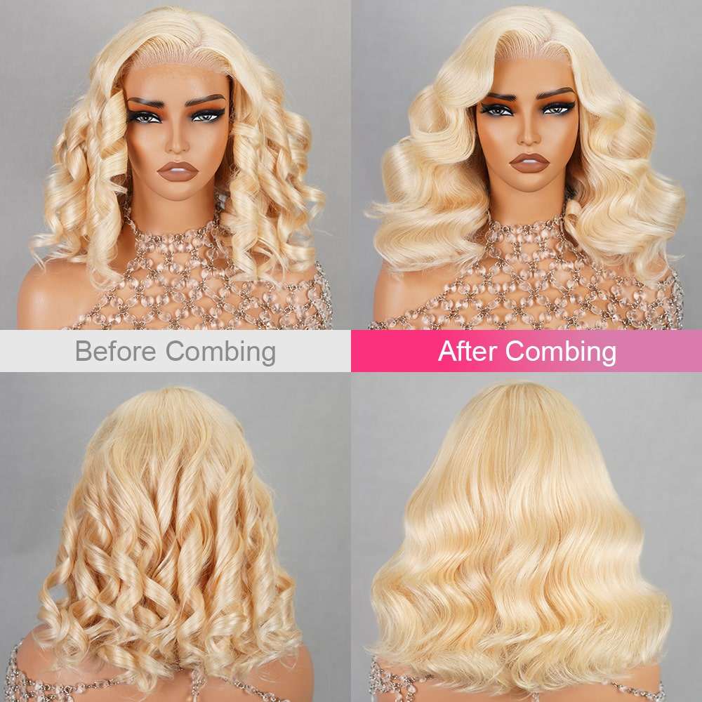 61B Blonde Pre-cut Short Bob Wavy Glueless Wig